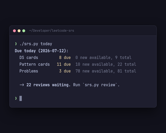 leetcode-srs terminal screenshot showing cards and problems due today